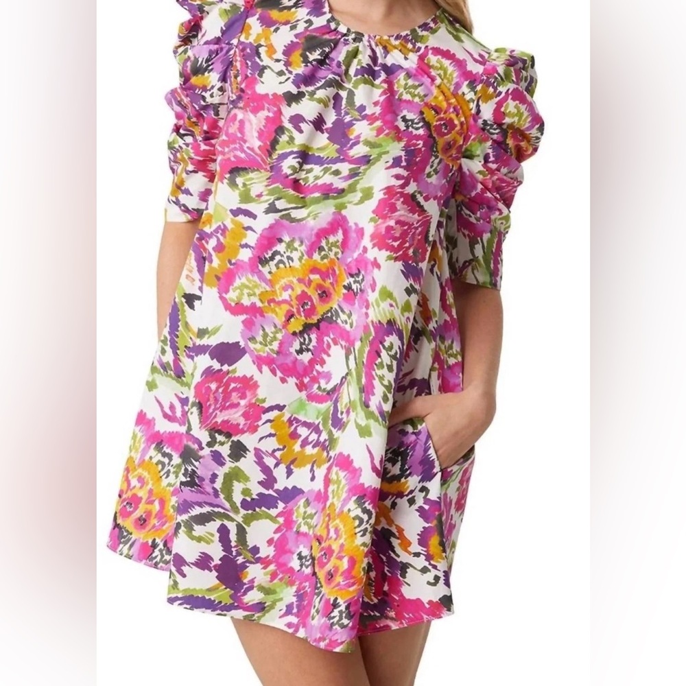 MISA Los Angeles Pink Floral Ikat Puff Sleeve Mini Dress - Medium - C11-610
